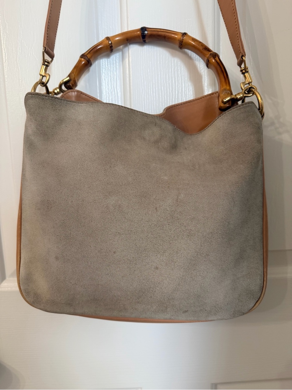 Gucci Suede and Tan Leather Shoulder Bag with Bamboo Handle - Picture 3 of 11